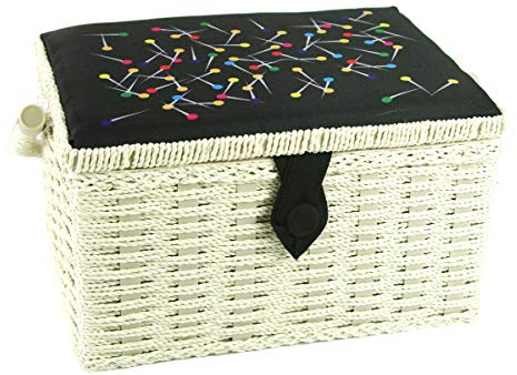 Medium Sewing Box, Wicker Effect with a Multi-coloured Pins Pattern on Black Fabric Lid, 26 x 19 x 15cm