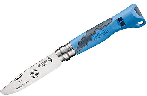 OPINEL Kindermesser Outdoor Junior mit Wunschgravur auf der Klinge (blau, Fussballmotiv, mit Namensgravur)