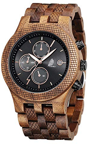 CZOKA Orologio da Uomo in Legno, Pterocarpus soyauxii Black walnut ebony Orologio Legno Uomo Cronografo Al quarzo con Cinturino in Legno (Black walnut)