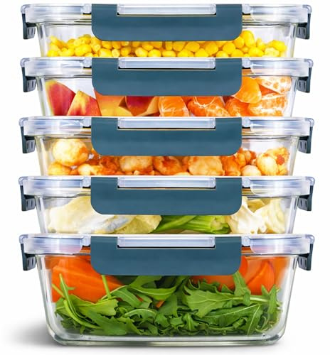 Brieftons Glass Meal Prep Containers: 5 Pack, 35 Oz with Airtight, Leakproof Snap Locking Lids, Perfect for Food Storage, Lunch & Portion Control, BPA-Free, Microwave, Oven, Freezer & Dishwasher Safe
