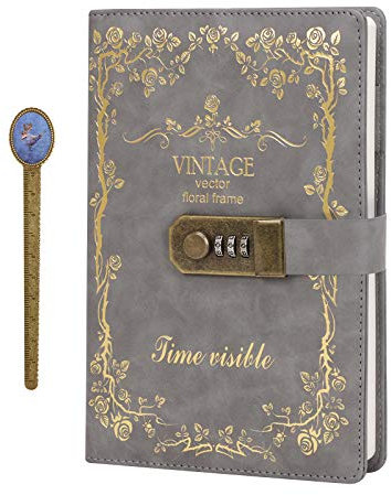 YJZQ Vintage A5 Notizbuch PU Leder Tagebuch mit Zahlenschloss Hardcover Passwort Buch Retro Reisetagebuch mit Stifthalter liniert Papier mit Lesezeichen