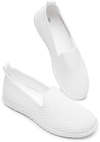 BABUDOG Women's Mesh Flats Shoes Breathable Slip on Shoes Casual Black and White Flats Comfortable Walking Shoes(White.US9)