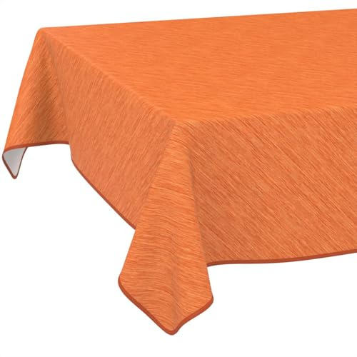 Tischdecke abwaschbar Wachstuch Wachstuchtischdecke Gartentischdecke Leinen-Optik Pflegeleicht Wasserabweisend 140 x 100cm (Rechteckig) Orange mit Saum