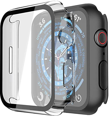 Misxi Schutzhülle mit Displayschutz für 41mm Apple Watch Series 9/8/7 | 2 Stück, Harte PC-Hülle, Gehärtet Displayschutzfolie, Kratzfest & Stoßfest, Ultradünn, 1 Schwarz + 1 Transparent