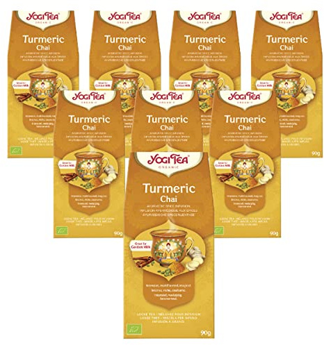 Yogi Tea, Chai de cúrcuma, té de hierbas orgánicas, ideal para leche dorada, mezcla de cúrcuma, canela y jengibre, té suelto, 8 paquetes x 90 g