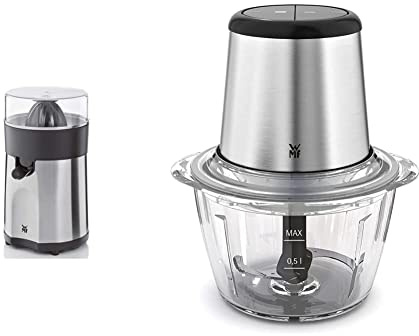 WMF Stelio Saftpresse elektrisch, Zitruspresse, Orangenpresse, 85 Watt, 2 Presskegel & Kult X Edition Zerkleinerer elektrisch mit Glasbehälter, 320 W, 2 Geschwindigkeitsstufen, cromargan matt