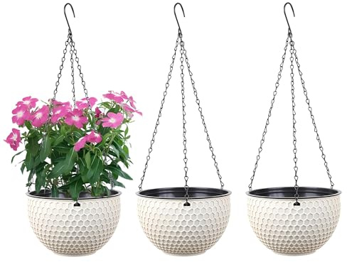 YuanDiann Hängende Blumentöpfe 3er Set, Selbstbewässerung Hängepflanztöpfe mit Wasserspeicher & Ablaufloch Bienenwabe Blumenampel mit Rostfrei Ketten für Innen Außen Decken Balkone Deko