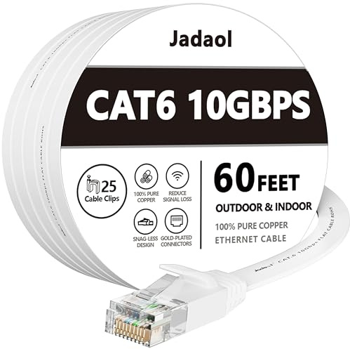 Jadaol Cat 6 Ethernet Cable 60 ft, Outdoor & Indoor 10Gbps Support Cat8 Cat7 Network, Flat RJ45 Internet LAN Computer Patch Cable for Router, Modem, Switch, Gaming Consoles, Streaming Devices, White