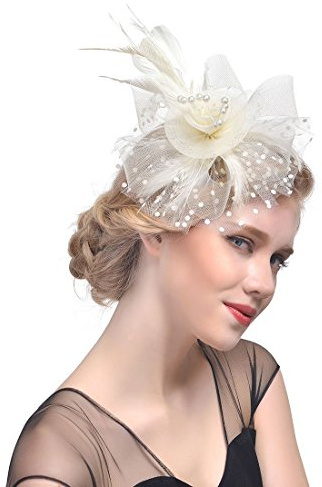 Fascinator-hatt för kvinnor damer bröllop fascinatorer tebjudning hatt klaff pillerlåda hatt Ascot race hatt fjäder blomma fascinator pärlor med pannband hårklämmor prickig näthatt huvudbonad