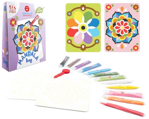 Sabbiarelli Sand-it For Fun – Bag Mandala | Mini Kit med Sand Art på mandalatema 100% Made in Italy med färgad sand och självhäftande motiv | Kreativt pyssel för barn 5-12 år