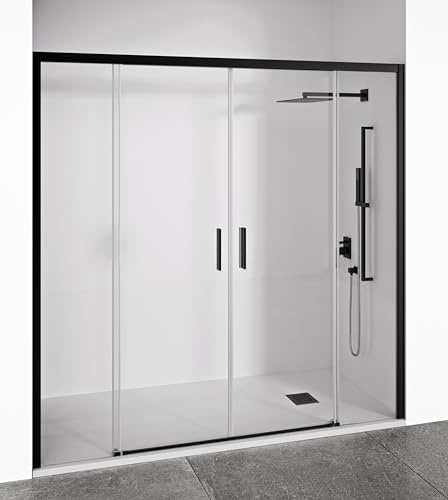 Mampara de ducha frontal 2 hojas correderas + 2 fijos sin perfilería inferior - Transparente - Cristal templado 6 mm Antical - Perfilería Negro Mate - Ancho adaptable 165-170 cm - Alto 195 cm - EIRE