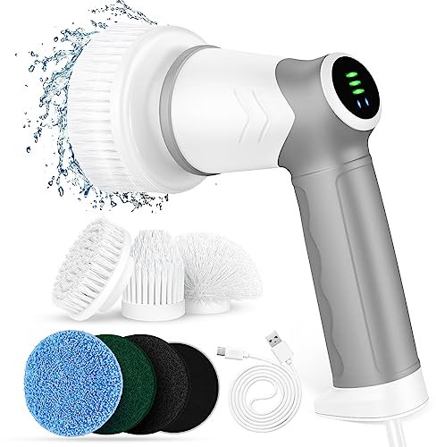 Electric Spin Scrubber,Cordless Electric Cleaning Brush with 2 Speeds Led Display and 6 Replaceable Brush Heads, Power Scrubber for Cleaning Bathroom Kitchen Tile Tub Floor and car