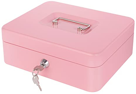 Pink Cash Box with Money Tray and Lock, Metal Money Box for Cash, Lock Box for Money 9.84x7.87x3.54 Inches