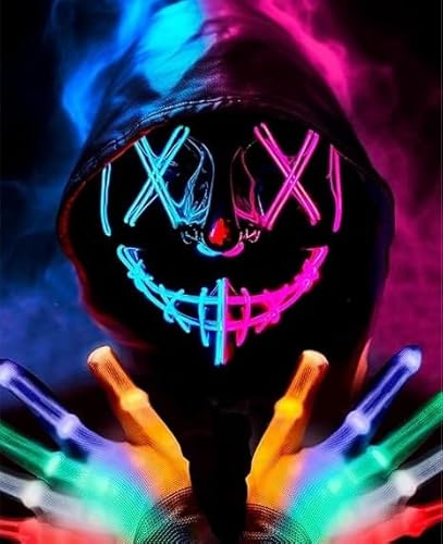 POWZOO Halloween Masque d'horreur LED,Purge Masque Lumineux à LED 3 Modes,avec LED Gants 6 Modes d'éclairage,pour la DéCoration de Costumes de FêTe de Carnaval, Cosplay.