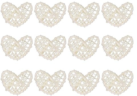 sourcing map 12 Stück Herz Deko Rattan Deko, 5 cm Fensterdeko Hängend Styropor Herz Kranz Natürlich Wicker Türdeko Haustür für Valentinstag Dekoration Hochzeit, Weiß