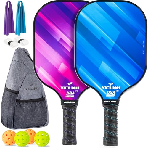 V VICLION Pickleball Paddles Set of 2, USA Pickleball Approved Carbon Fibre Paddle with Grit Coating, Lightweight PP Honeycomb Core, Includes 4 Pickleballs, 2 Cooling Towels & Carry Bag