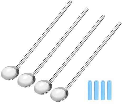 uxcell Stainless Steel Straws Spoons, 4Pcs 7.7 Reusable Metal Drinking Straw Spoon with Silicone Tips for Milkshake Drinks Cocktail, Blue