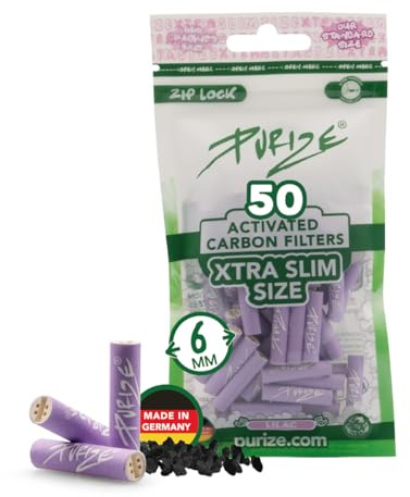 PURIZE® XTRA Slim Size Aktivkohlefilter ø 6 mm – 50er Pack - Lila | Aktivkohle auf Kokosnuss-Basis, Keramikkappen beidseitig, kühles Raucherlebnis, wiederverschließbarer Beutel, Made in Germany