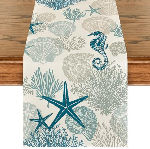 Artoid Mode Seepferdchen Muscheln Seestern Ozeane Sommer Tischläufer, Saisonnal Küche Esstisch Dekoration Drinnen Urlaub Party Dekor 40x140 cm