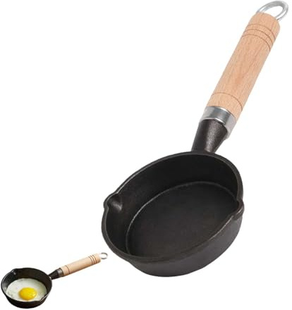 HERCHR Cast Iron Skillet Frying Pan 10cm Diameter Mini Egg Pan with Wooden Handle,Diversion Spouts,One Egg Pancake Round Mini Cast Iron Skillet for Camping Indoor Outdoor Cooking Grill