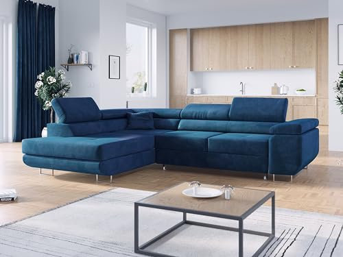 MKS MEBLE Ecksofa Wohnzimmer - Wohnlandschaft - Schlafsofa mit Bettkasten - Polstersofa mit Schlaffunktion - Velvet L Couch - Gustaw - Links - Dunkelblau (Monolith 77)