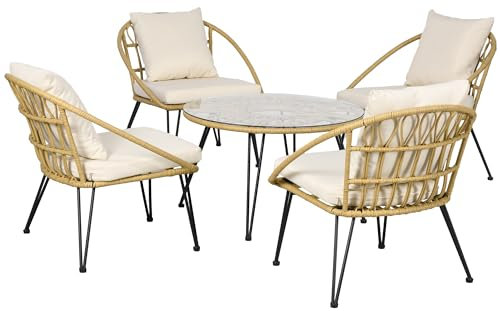 Outsunny 5 TLG. Rattan Sitzgruppe, Gartenmöbel-Set, Sitzgarnitur inkl. 1 Esstisch, 4 Stühlen, Gartengarnitur mit Sitzkissen, für Balkon, Terrasse, Polyester, Beige
