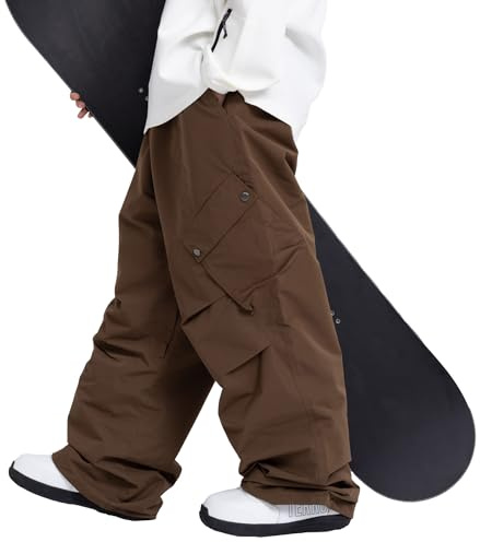 SNOWVERB Damen Herren Casual Ski Baggy Cargo Loose Fit Wasserdichte Schneehose Mode Streetwear Warme Schneehose (Größe M, Braun)