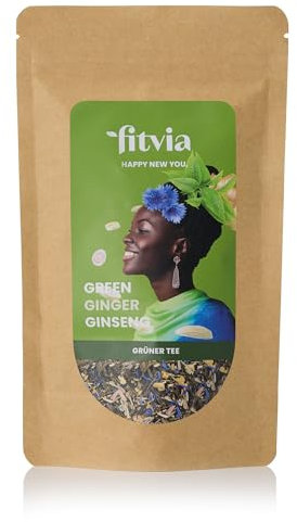 fitvia Grüner Tee Green Ginger Ginseng – 100 g loser Tee mit Ingwer, Ginseng & Lemongras, echte Fruchtstücke, ohne Zuckerzusatz, nachhaltig verpackt