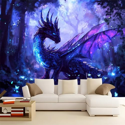 Wallpaper Purple Panoramic Deco Wallpaper Mural Fantasy Jungle Dragon Wallpaper 220gsm Premium Non-Woven Wallpaper 250 x 175 cm Printed Wallpaper for Room Wall Deco
