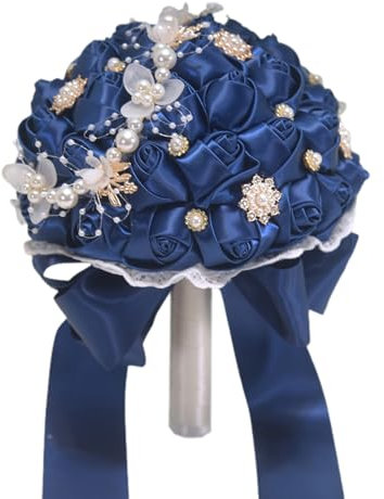 Bouquet de Mariée en Perles Artificielles de Roses en Satin, Bouquet de Mariage Fait à la Main, Bouquet de Fleurs Artificielles en Roses en Satin, Bouquet de Mariée en Cristal (B)