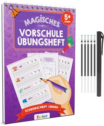 Quaderni magici per esercizi prescolari, a partire dai 5 anni, per ragazzi e ragazze – [4 tasche + penna] – Quaderno di scrittura riutilizzabile per scuola materna – imparare a scrivere (imparare a