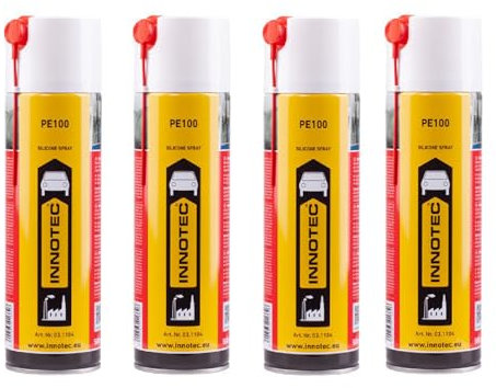 4 Stück Innotec Silikonspray PE100 - Schmiermittel schmiert, pflegt und schützt langanhaltend Gummi-, Kunststoff-, Holz- und Metallteile - Servicespray - Beseitigt Knarr- und Quietschgeräusche - PE100