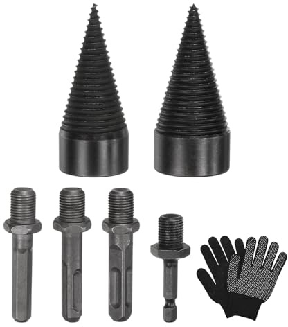 M METERXITY 2-Pack Wood Splitter Drill Bit 38mm 42mm 4 Handles | Black+Grey, Firewood Log, Square+Round+Hex Shank+Small Hex, with Gloves, for Outdoor/Stove/Farm