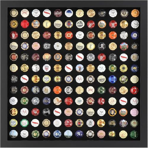 ACAZA Cadre pour Capsules de Champagne 50x50cm - Collecteur pour 144 Bouchons de Champagne - Intérieur en Velours - Bois MDF et Verre Plexi - Noir