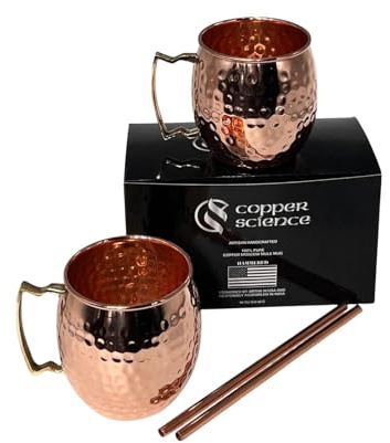 Copper Science Moscow Mule Mugs Set of 2 | 100% Pure Handcrafted Copper Cups with Cocktail Straws | Ideal for Home Bar, Cocktail Gifts & Beer Mugs