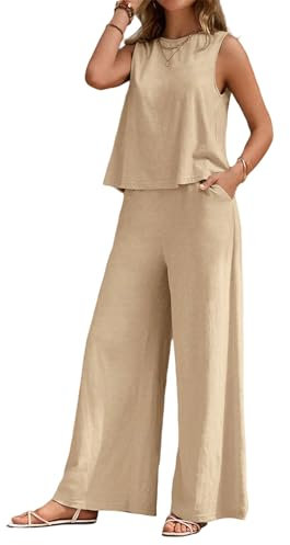2-teiliges Sommer-Outfit für Damen, weites Bein, Loungehose, 2-teiliges Outfit, Sommer, weites Bein, bauchfreie Hose, Lounge-Sets für Reisen, beige, XL