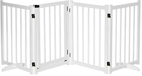 PawHut Barrera para Perros Plegable Valla para Perros Pequeños y Medianos de 4 Paneles con Puerta Barrera de Seguridad de Madera para Escaleras Pasillos 237,5x36x80 cm Blanco