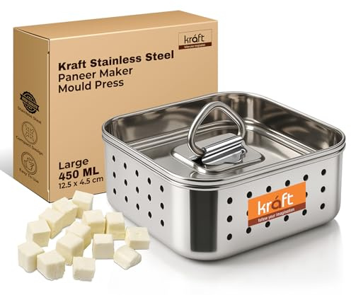 Kraft Stainless Steel Paneer Maker Mould Press 450ml | Square Paneer & Tofu Press with Lid | Whey Separator | Rust-Proof Food-Grade | Sprout Maker | Homemade Paneer, Tofu & Cheese | Medium Size - 350g