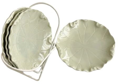 Ceramic Snack Plates Set with Rack, Lotus Leaf Plate Design, Small Dessert Plates, Appetizer Plates Set, Fruit Plates Mini Serving Dishes, Side Dish Plates, Porcelain Tableware Gift Set (Sage Green)