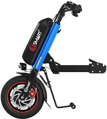 ELESMART A6 Elektrisch Rollstuhl Zuggerät, Elektrischer Rollstuhl-Antrieb zur Umrüstung von Manuell auf Elektrisch Rollstühle, 12,8 Ah, 36V 500W, Mittelverbindung, Blau