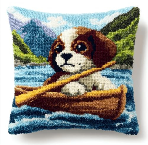 XDEGHUANGSS Kit de coussin latch hook 43x43 cm,Tapisserie point noué DIY avec motif pré-imprimé,kit de broderie fait main pour débutants et adultes,décoration intérieure(Chiot en bateau)