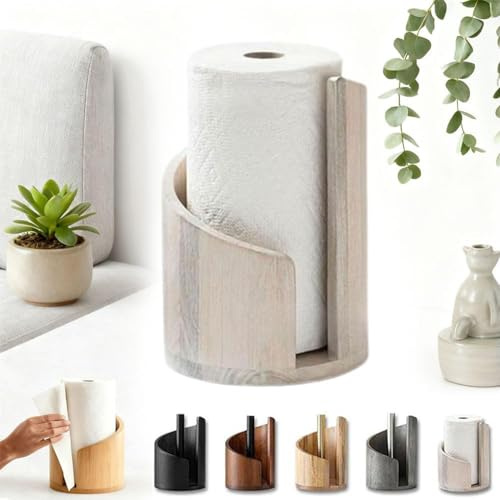 Mountain Porte-rouleau d'essuie-tout en bois avec base en bois de manguier et support en fer, design autonome à une main, s'adapte aux rouleaux Jumbo pour cuisine, salle de bain et garde-manger (blanc