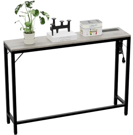 Garvee Tavolo Consolle Sottile 100x23x80cm con Presa Elettrica e USB - Struttura in Metallo, per Ingresso o Salotto, Vintage Grigio e Nero, Presa Europea