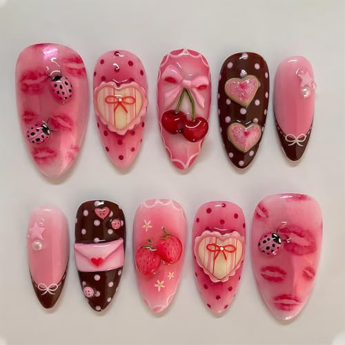 Celblisora 24 pcs Press on Nails Long Almond Acrylic False Nails,Shiny Heart Bow Red Cherry Strawberry Pattern Stick on Nails Pink False Nails Full Cover Design