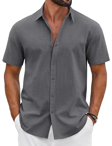 COOFANDY Camisa Hombre Algodón Verano Manga Corta Vacaciones Sin Plancha Casual Button Down Regular Fit Playa Gris Oscuro 2XL