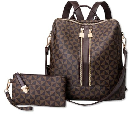 SONARIN Moderno Bolso Mochila Mujer,Multiusos Vintage Mochila Damas con Monedero Mochilas Casual Bolso de Mano,Bolsa de Hombro Convertible para Viaje Escolar Trabajo(Café)
