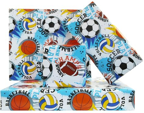 Sport-Geschenkpapier für Männer und Frauen, Basketball, Volleyball, Rugby, Fußball, bedruckt, gefaltet, flach, Geschenkpapier – Sport-Themen-Design, Kunstpapier für Geburtstag, Match, Urlaub, Jungen