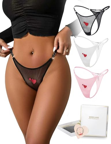 ohmydear Perizoma sexy da donna a vita bassa, perizoma a T back thong con strass, biancheria intima regolabile in rete, mutandine brasile, slip con ricamo, taglie grandi, 3 Pack nero+bianco+rosa+