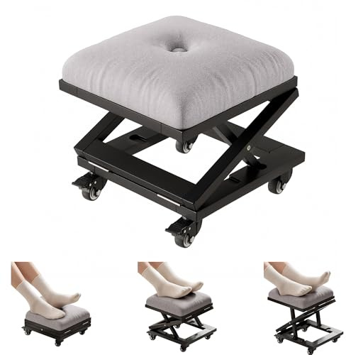 VECELO Fußhocker mit X-Bein, Quadratischer Polsterhocker aus Leinenstoff, 3‑fach höhenverstellbar, mit 360° Drehrollen, Relaxhocker für Wohnzimmer und Eingangsbereich, Schwarz