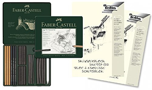 Faber-Castell 112978 - Pitt Kohle Set im Metalletui, 24-teilig mit 2 x Skizzenblock DIN A4
